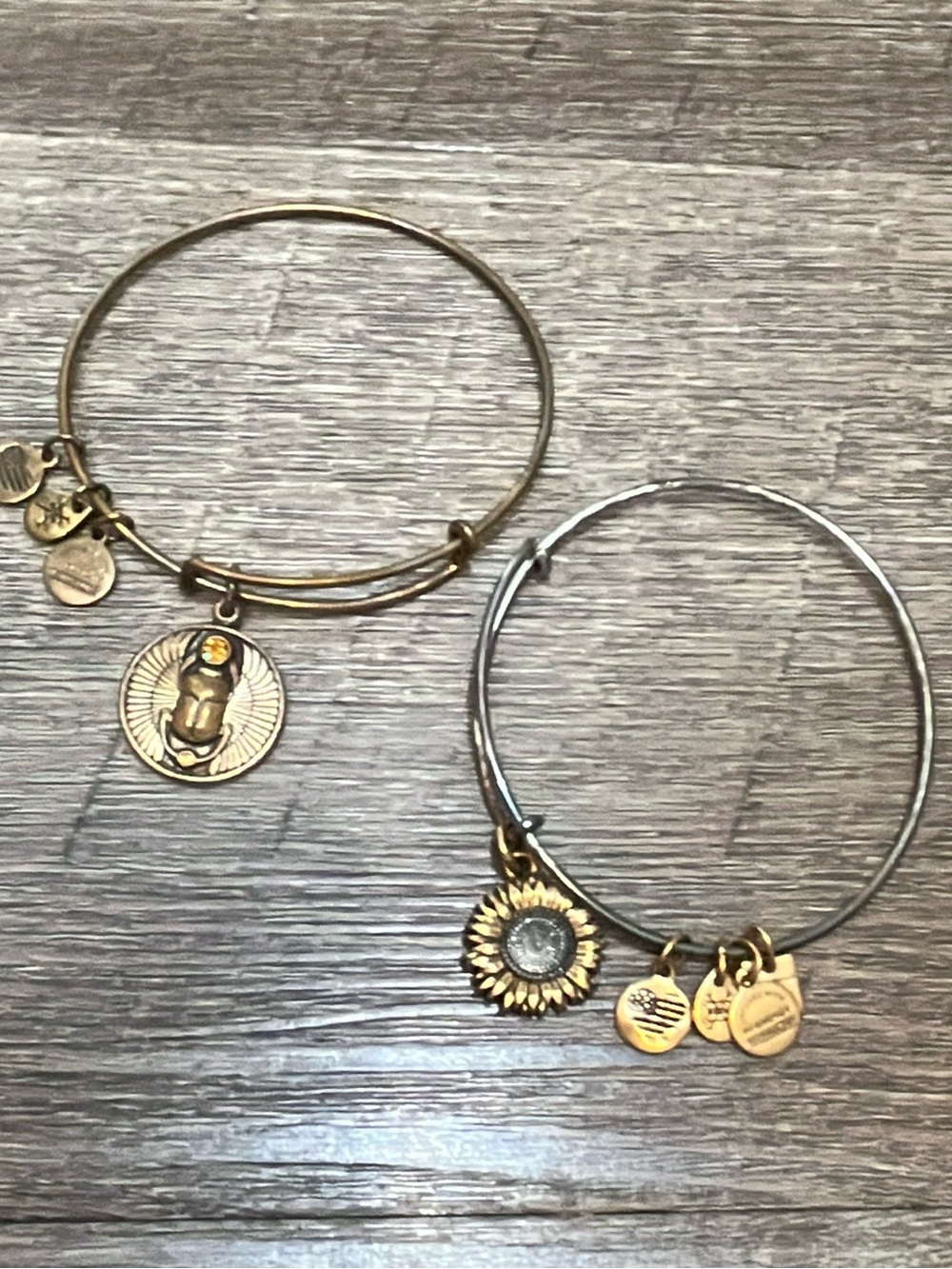 Lot of 2 Alex and Ani expandable bangles- Scarab beetle and Sunflower charms